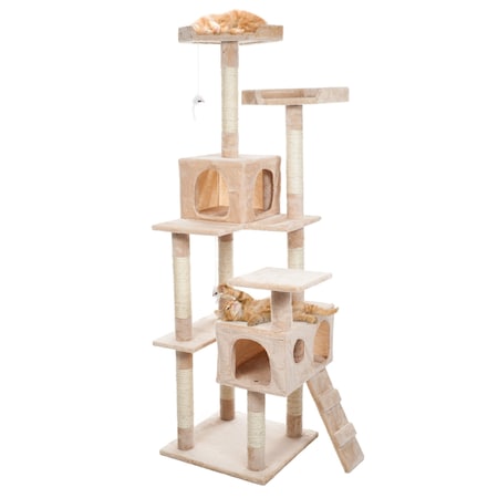 Pet Adobe Cat Tree House, Multi-Level, Scratching Posts, Condos, Perches & Toys, 66-"Tall, Beige 367508WFD